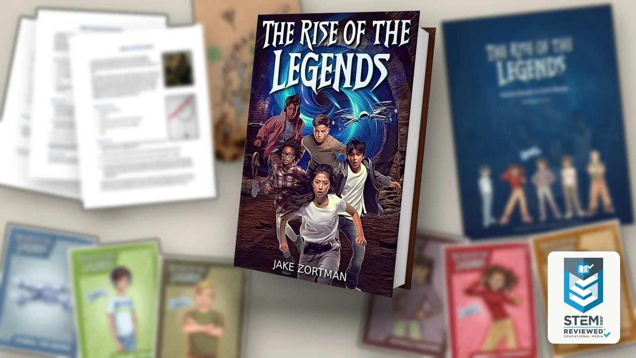 The Rise of the Legends novel with its study guide, activities, character cards, and STEM.org Reviewed badge